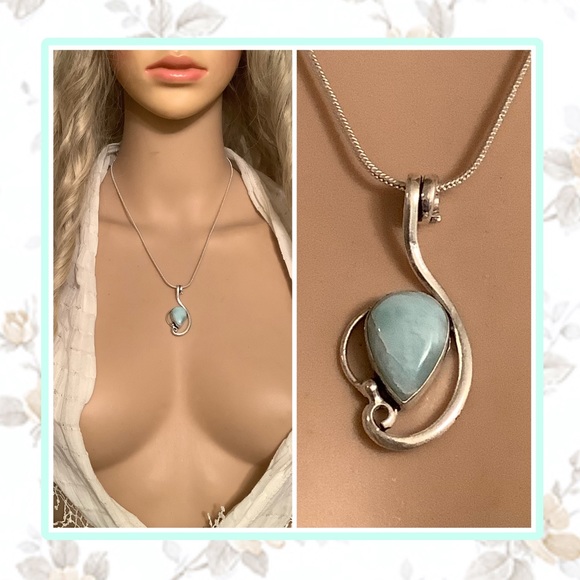 🌸 LARIMAR NECKLACE PENDANT OPAL DESIGN CRESCENT BOHO CHIC BOHEMIAN SILVER BLUE - Picture 4 of 8